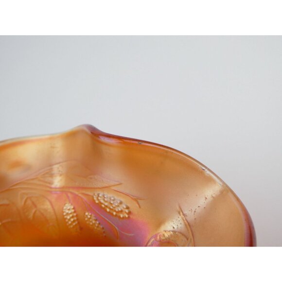 Vintage Marigold Iridescent Carnival Glass Bowl With Embossed Leaf & Blackberry - Picture 9 of 10